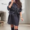 Весна Осень Женское Платье Блестки Перья Декор Искусственный Двухсекционный Круглый Вырез Длинные Рукава Эластичные Манжеты Длина Выше Колена Мини Платье