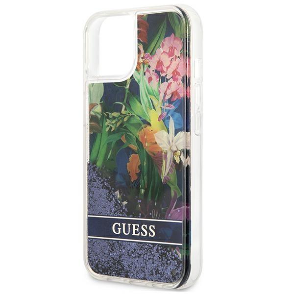 Etui do iPhone 13 mini Guess Flower Liquid Glitter Niebieskie