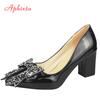 Fashion Aphixta Elegant Square Heels Patent Leather Official Pumps Women Bling Sequins Butterfly-knot Pointed Toe Dress Shoes Woman