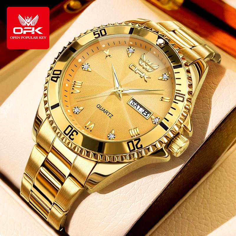 OPK Brand Men's Steel Strap Watch Dual Calendar Quartz Waterproof Night Light 8171