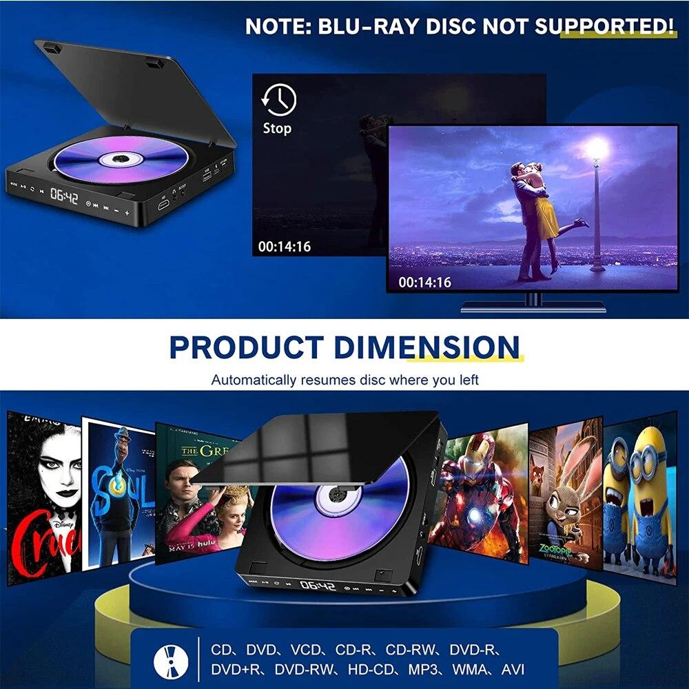 DVD-плеер для телевизора CD VCD Видеоплееры HD 1080P Поддержка HDMI AV-подключения с USB-входом, выход для наушников 3,5 мм Светодиодный сенсорный экран