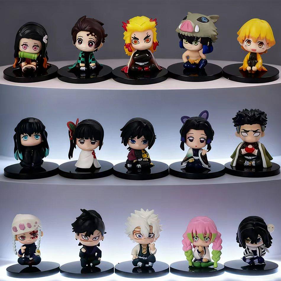5-15Pcs Q Version Demon Slayer Sitting Ghost Doll Tanjiro Nidouzi Inosuke Zenizu Toy Figural Pvc Model Gift