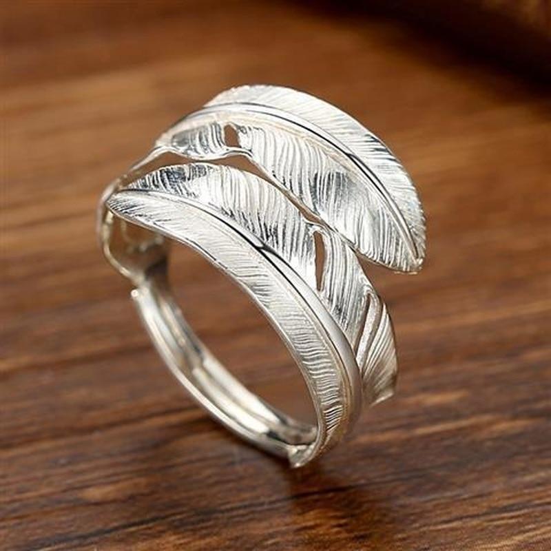 Fashion Unique Design Feather Opening Adjustable Metal Ring Men And Women Retro Trend Couple Jewelry Gift