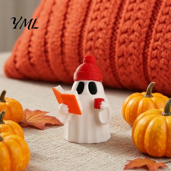 Decorative Ghost Figure 3D Printed Halloween Figurine, Red Hat Reading Statue Statue, Holding Coffee Sculpture for Holiday Party Decoration