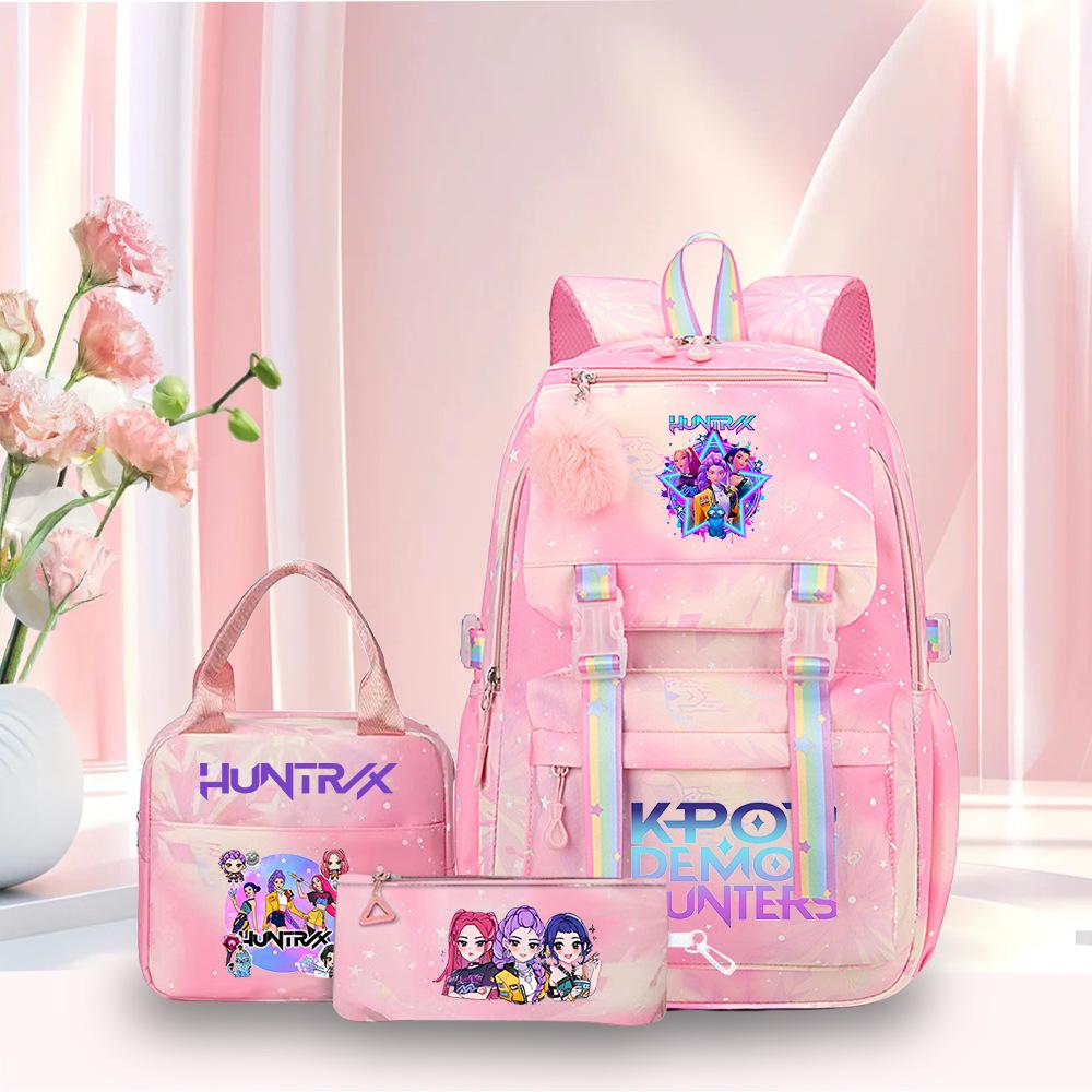 Kpop Demon Hunter Girl Troupe Elementary School Bag Three-Piece Set Lightweight Burden Reduction High School Girls School Bag Large Capacity Backpack