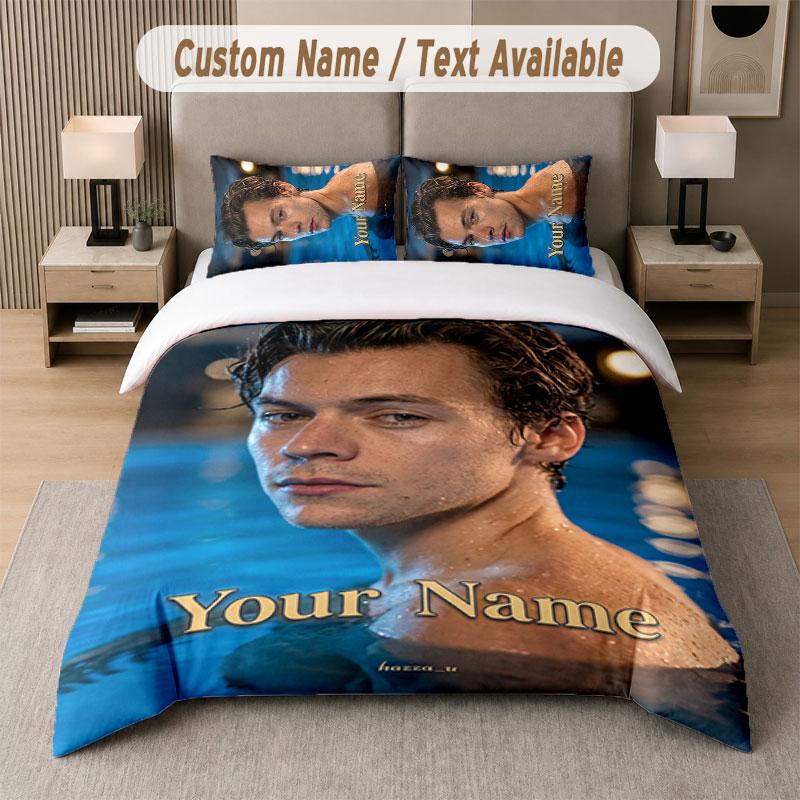 Custom Bedding Set Harry Styles Pattern, Print Name Text 1 Duvet Cover plus 2 Pillowcases Home Textile