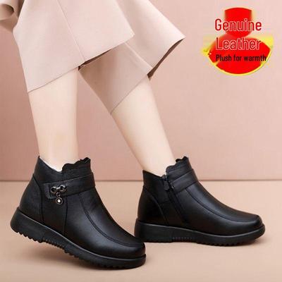 Зимние ботинки из натуральной кожи на мягкой подошве для женщин и мужчин - Теплые, Нескользящие, Плюс бархат, Толстые, Идеальные для среднего и пожилого возраста.