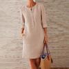 Fall Spring Sleeves Patch Solid Color Round Neck Buttons Loose Long Women Dress Pocket Knee Length