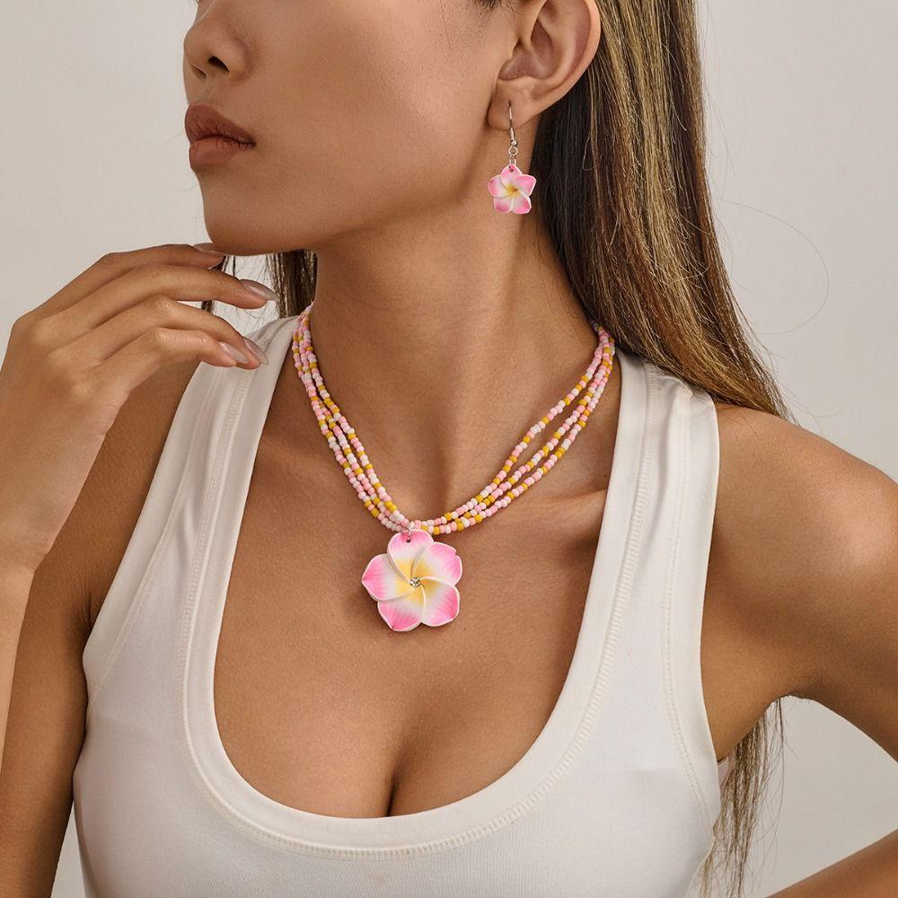 Multilayer Rice Bead Earrings Necklaces Jewelry Set Egg Flower Collarbone Chain Women Girls
