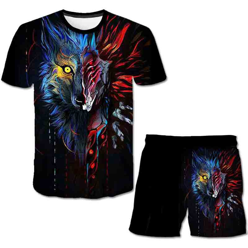 Wolf Clothes Sets Summer Boys Girls Short Sleeves Tees Shorts 3d Printed 2PCS Unisex Suits Kids Cartoon Casual Clothing Outfits