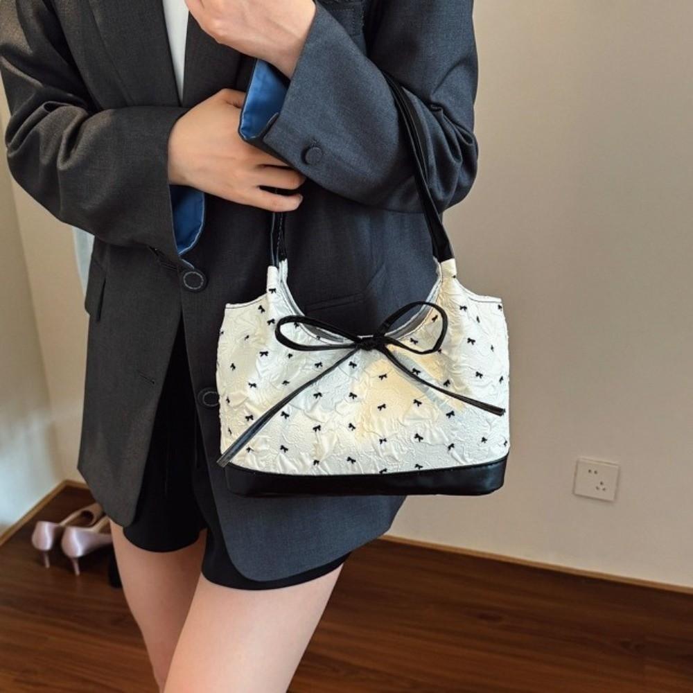 Simple Style Sweet Shoulder Bag Portable Contrast Handbags Gift Bowknot Underarm Bag Daily Use