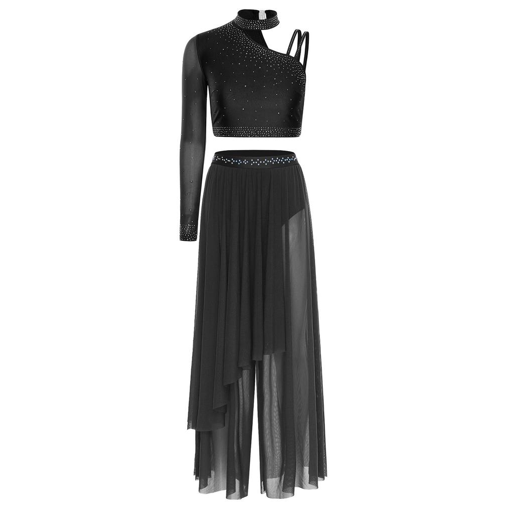 Womens Rhinestone Lyrical Outfit Asymmetrical Long Sleeve Crop Top Loose Irregular Overlay Pants