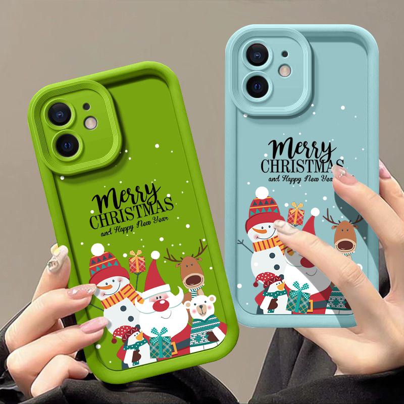 Рождественский Чехол для Телефона с Лосем для iPhone 17 16 15 Pro Max 14 Pro 13 12 11 XR XS 8 7 Дед Мороз Снеговик Защита Объектива Ударопрочный ТПУ Бампер