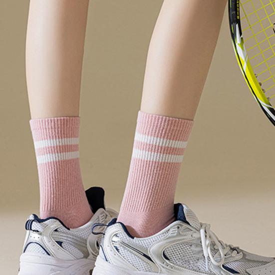 1 Pair Women Socks Mid-tube No Odor Striped Contrast Color High Elasticity Anti-slip Breathable Soft
