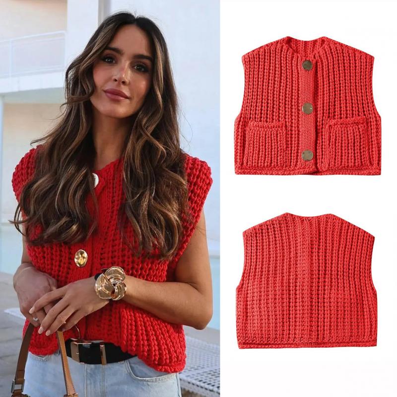 Fashion Women Knit Cardigan Vest Casual Red Sleeveless O-neck Metal Button Sweater Tank Top Lady High Street Knitted Waistcoat