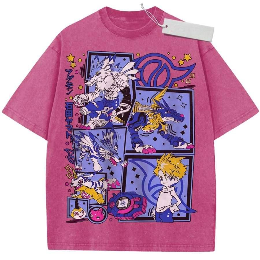 Summer Mens Beige Washed T Shirt Digimon Adventure Agumon Gabumon Takeru High Quality Fabric for Casual Shopping