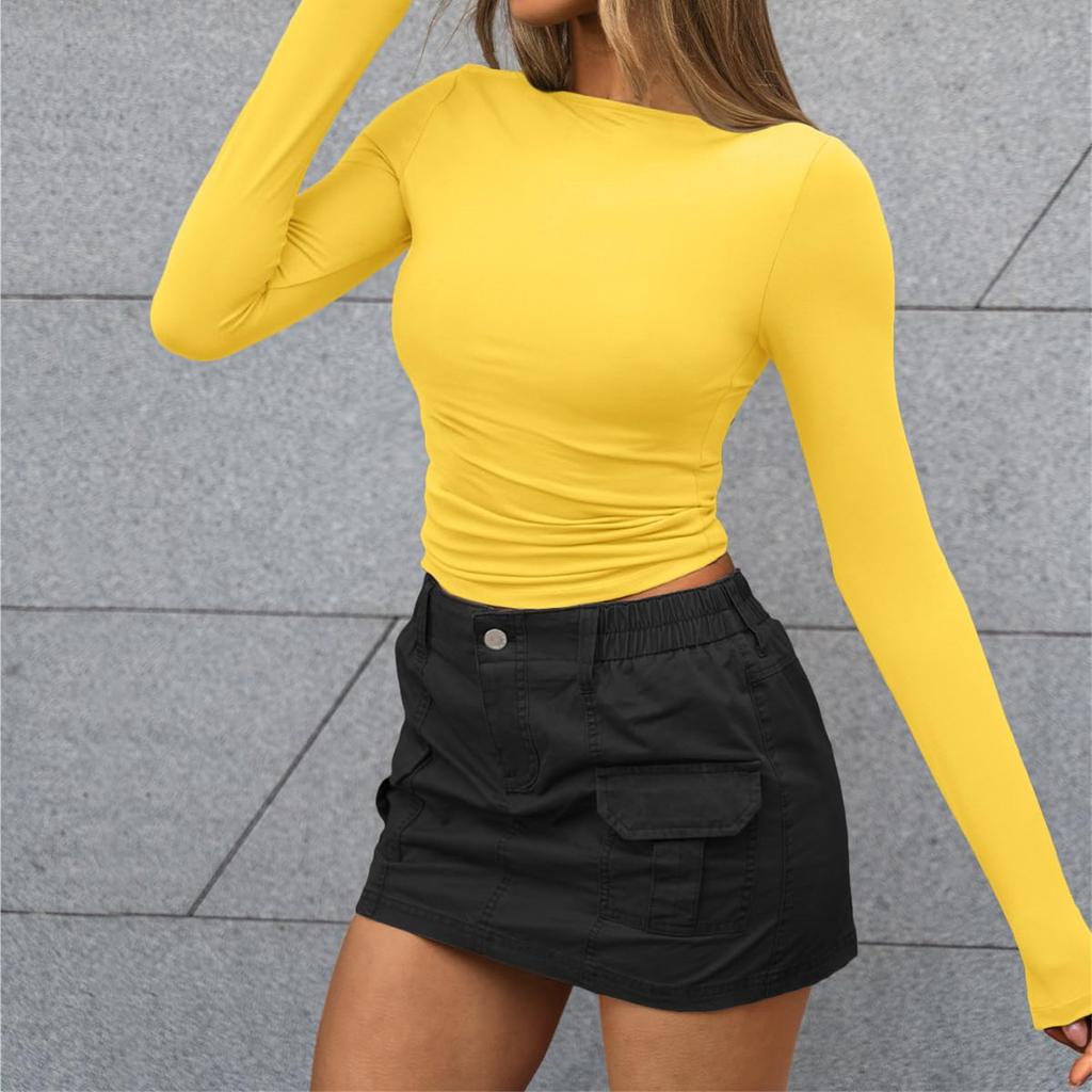 Женская модная однотонная футболка с круглым вырезом и длинными рукавами, топ