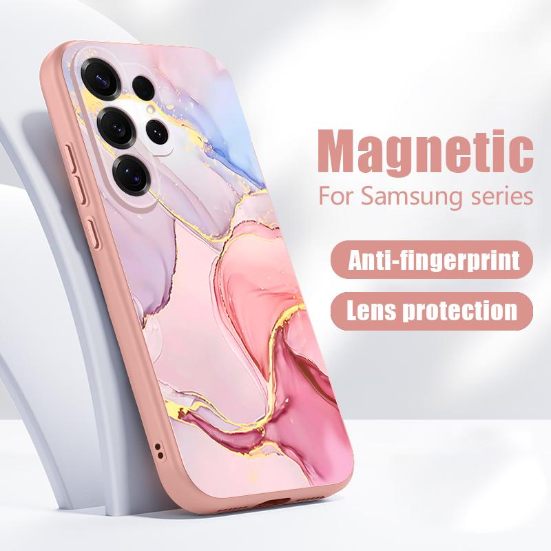 Магнитный Чехол Для Magsafe Для Samsung Galaxy S26 Ultra S25 Edge S24 Plus S23 FE S22 A54 A55 A56 5G Розовый Мраморный Рисунок Матовая Крышка