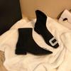 Square Buckle Rhinestone Elastic Socks Boots Women's Low Heel Thick Heel Black Square Head Short Boots Women's Suede Thin Boots
