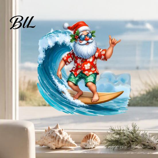 Decorative Gifts for Friends Christmas Surfing Santa Claus Static Glass Sticker, Tropical Waterproof PVC Window Decal Sunproof Surface Decals