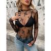 Women Half Turtleneck Lace Floral Mesh Slim Fit Long Sleeve Base Top