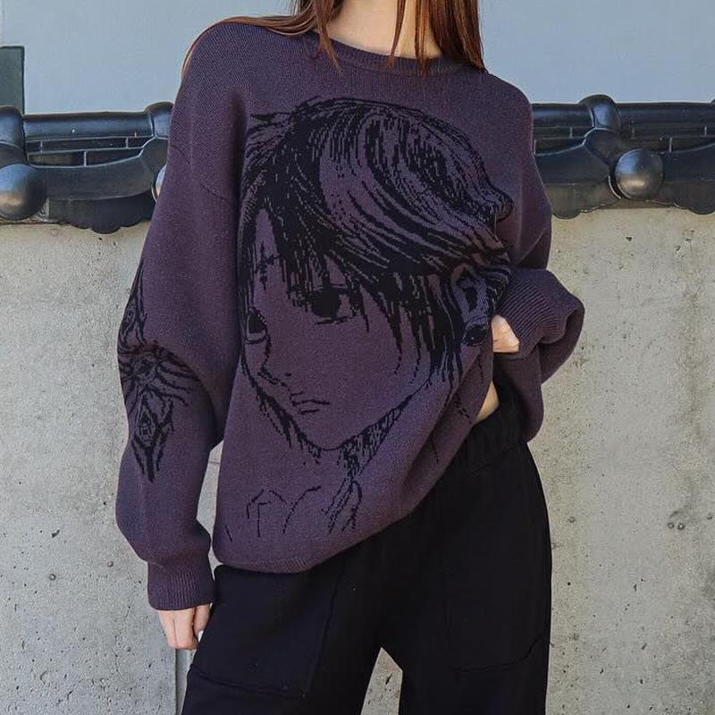 Y2K вязаный аниме свободный жаккардовый свитер одежда для мужчин и женщин