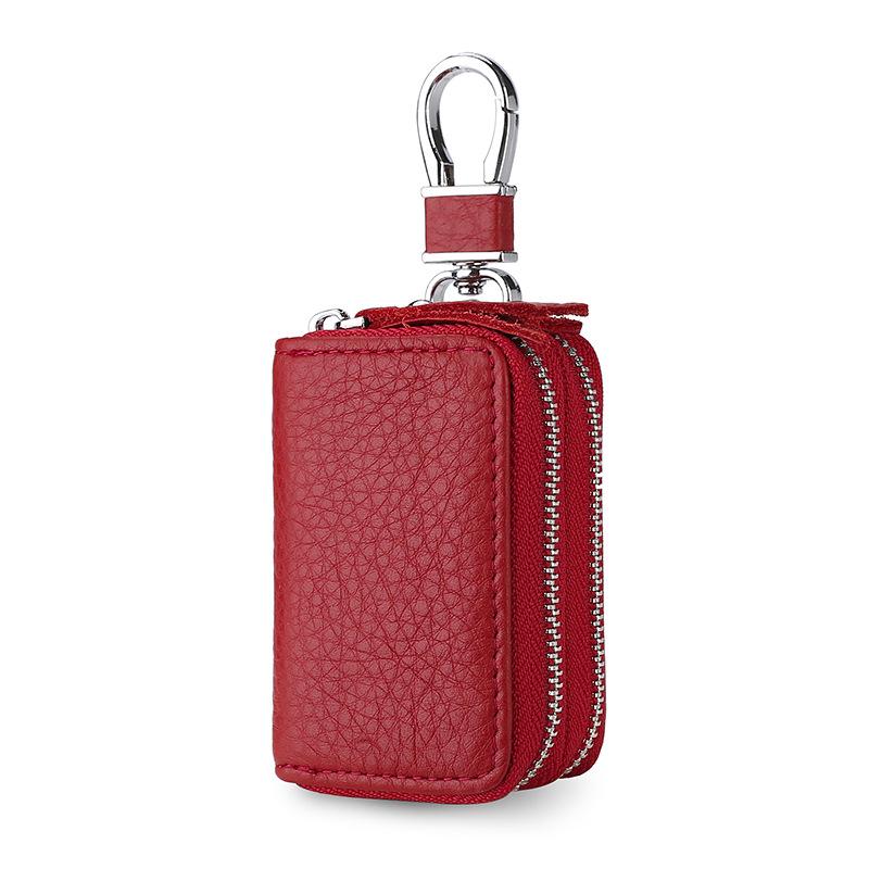 Genuine Leather Double Zipper Car Key Bag with Waist Hanging Key Chain for Men