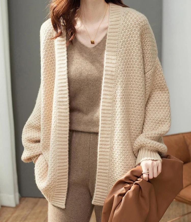 Elegant Loose Long Sleeve Thick Knitted Cardigan Women Autumn Winter Soft Solid Color Sweater Korean
