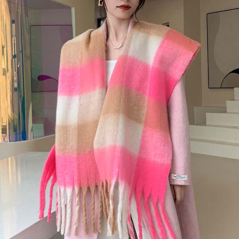 Winter New Scarf Women's Winter Thickened Warm Scarf Colored Plaid Fringed Scarf Shawl Fashionable Outer Cover