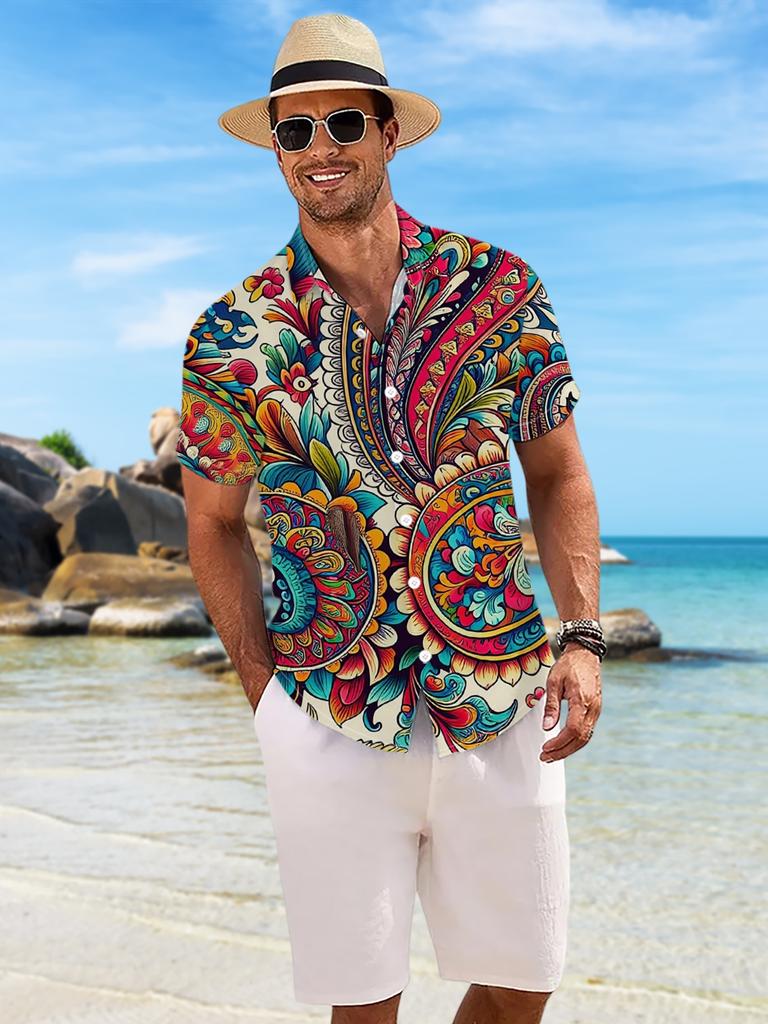 New Men's Casual Short-Sleeve Shirt with Colorful Paisley Pattern, Exquisite and Ornate, Versatile for Holiday Parties, Commuting, and Casual Wear.