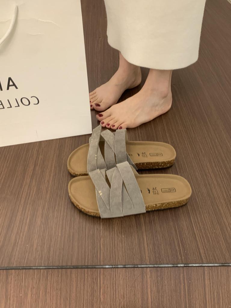 BEI LI XUAN Retro Mori Cross-strap One-word Slippers for Women's Summer Outer Wear Thick-bottomed Casual Beach Women
