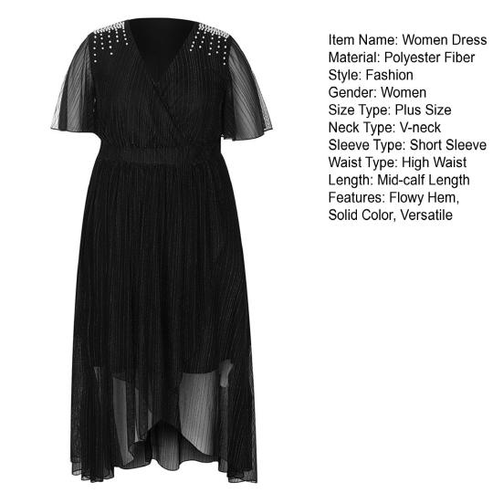 Женское платье больших размеров с V-образным вырезом, коротким рукавом, эластичным поясом и струящимся подолом, однотонное повседневное вечернее платье средней длины