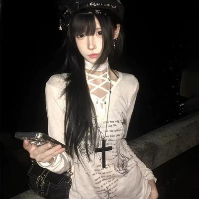 VAYLA Шикарные Графические Футболки с Принтом Женские На шнуровке Молодежная Одежда 2000-х Y2k Футболки с Длинным Рукавом Женская Одежда Футболка Весенний Топ