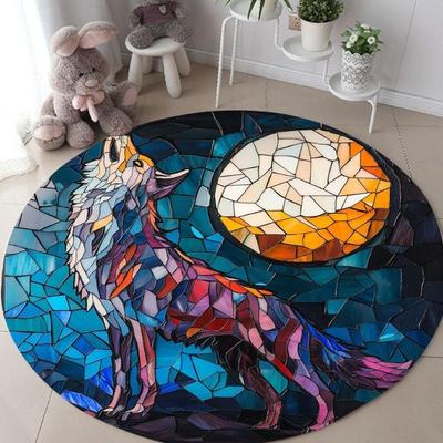 Ковер круглый из мозаичного стекла Wolf King Луна Полная Ночь Волк Гостиная Спальня Ретро Бордюр Декоративный Ковер Коврик