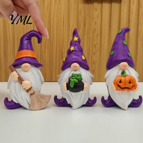 Halloween Souvenirs for Kids Gnome Resin Figurine, Broom Cauldron Pumpkin Dwarf Set Statue Desk Shelf, Spooky Holiday Party Supplies Small Room