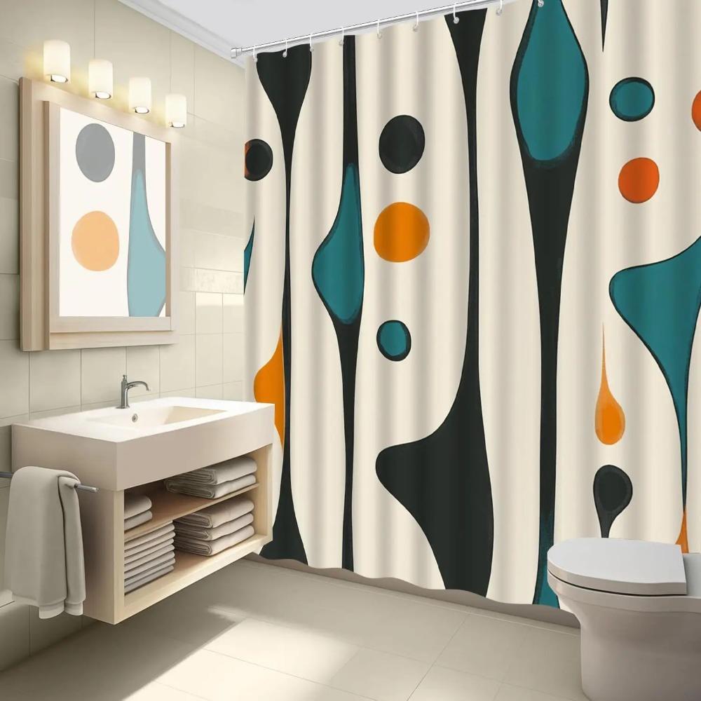 Black Beige Teal Printed Shower Curtain Abstract Geometric Fluid Shape Modern For Bathroom Decor