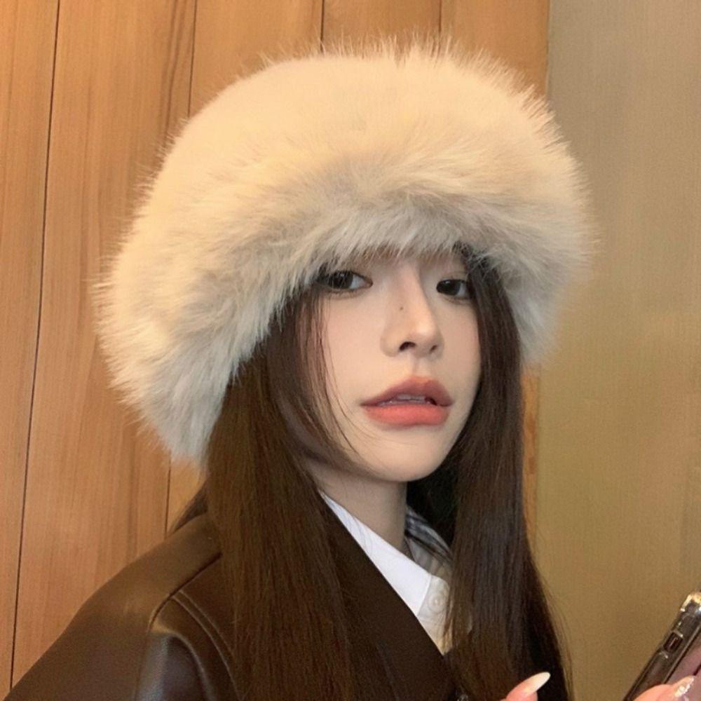 Korean Luxury Plush Hat Thicken Winter Fluffy Hats Fashion Faux Fur Bucket Hat Lady