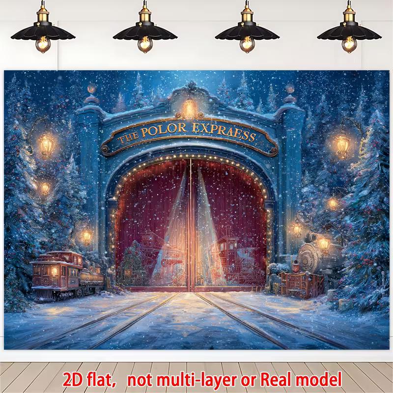 2D Snowy Pine Forest Vintage Steam Train Background for Winter Xmas Party Decoration
