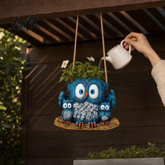 Hanging Flower Pot Decorative Owl Flowerpot Resin Swing Succulents Planter Cute Parent-child Garden Decor Planter with Hemp Rope for Indoor Outdoor
