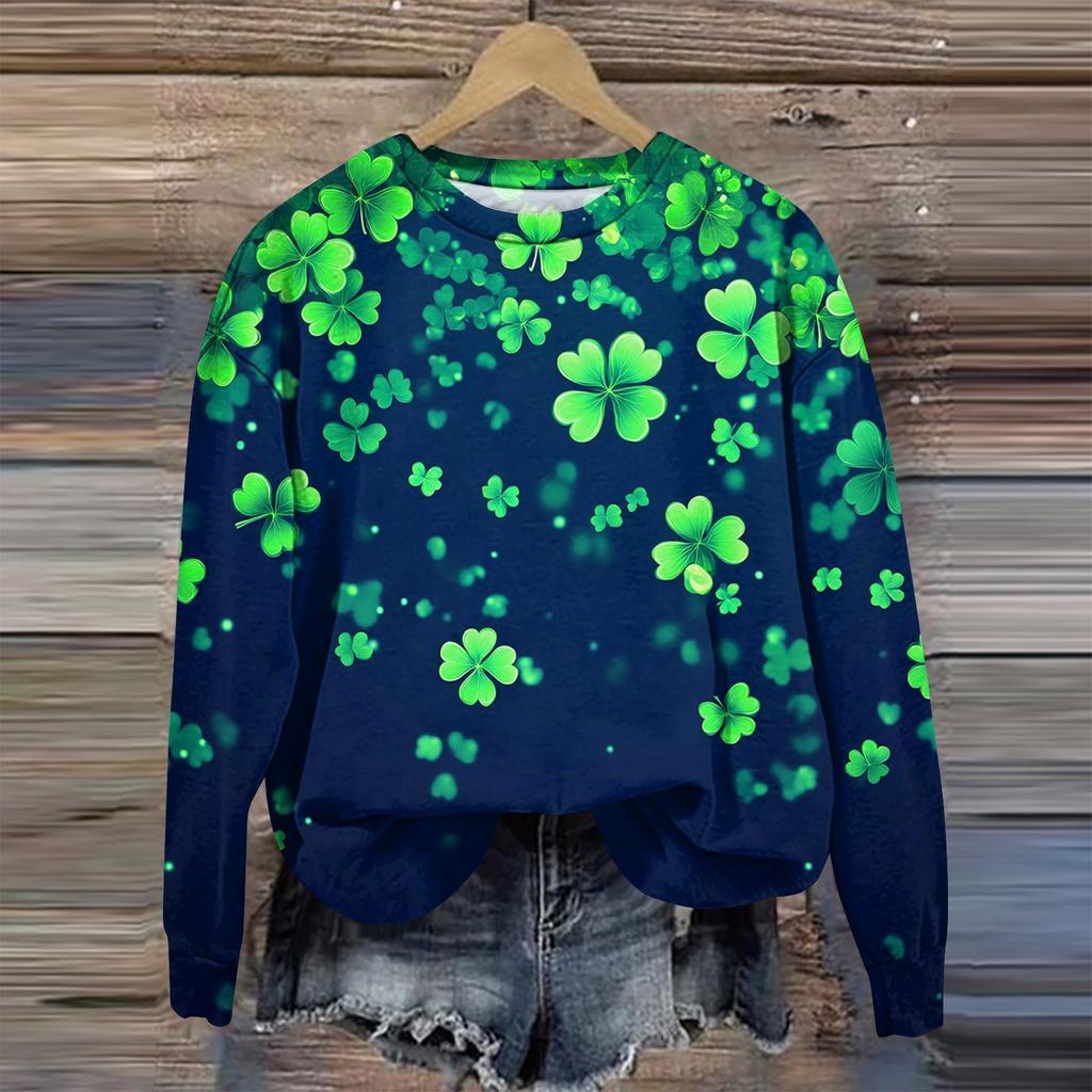 Women's Fashion St Patricks Day Printed Long Sleeve Loose Round Neck Sweatshirt Top Fall