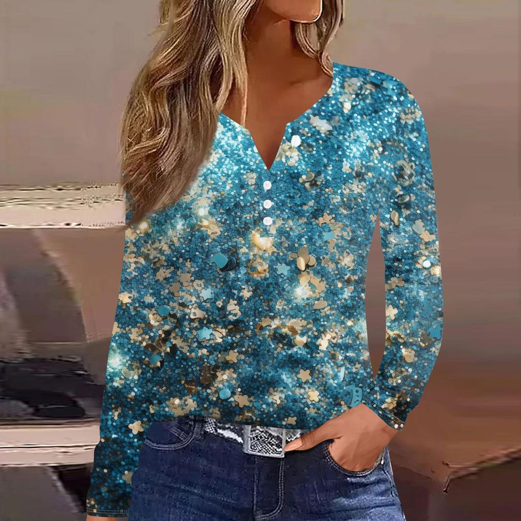 Жен. Футболка Футболка На пуговицах С принтом Длинный рукав Повседневные Выходные Мода Классический V-образный вырез Обычный Топ