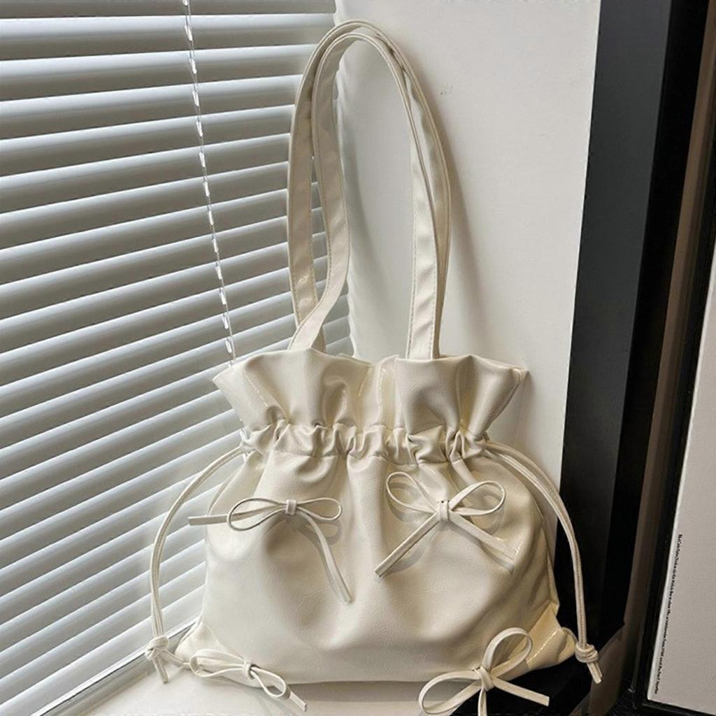 Aesthetic Armpit Bag for Women Girls Bows Shoulder Bag Handbag Student School Bag PU Leather Underarm Bag Bucket Bag White