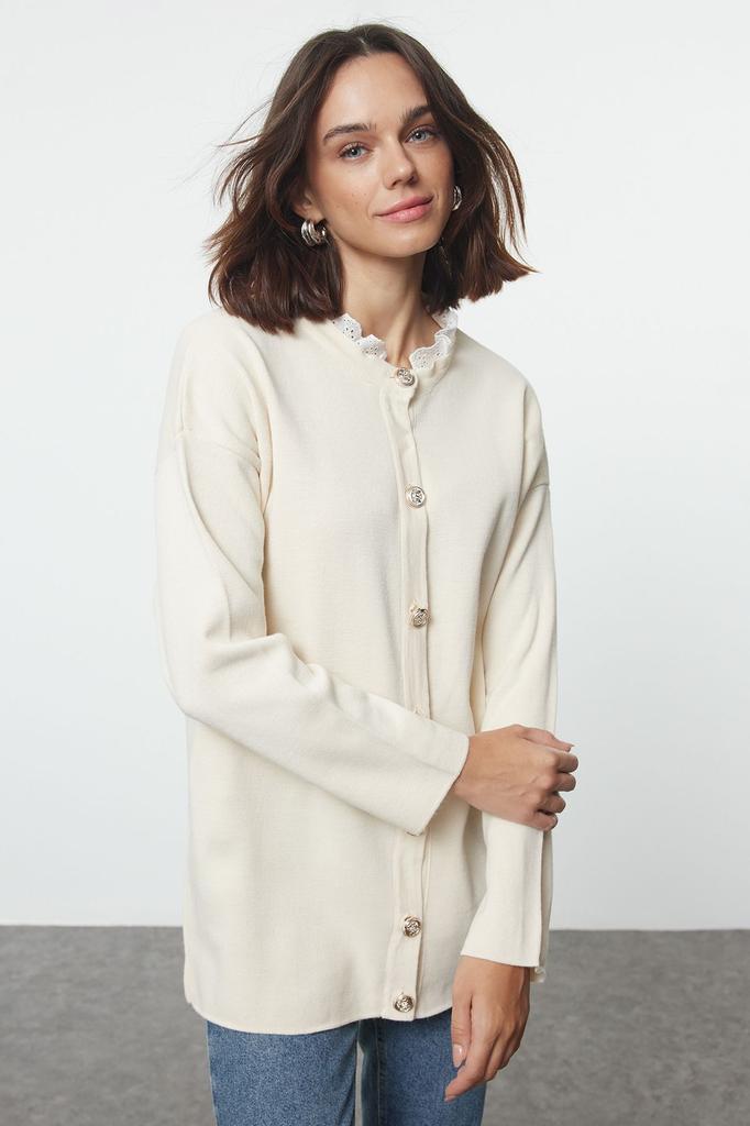 Женский модный стильный кардиган в стиле хиджаб с каменным воротником и вышивкой, кружевной подробный трикотажный кардиган