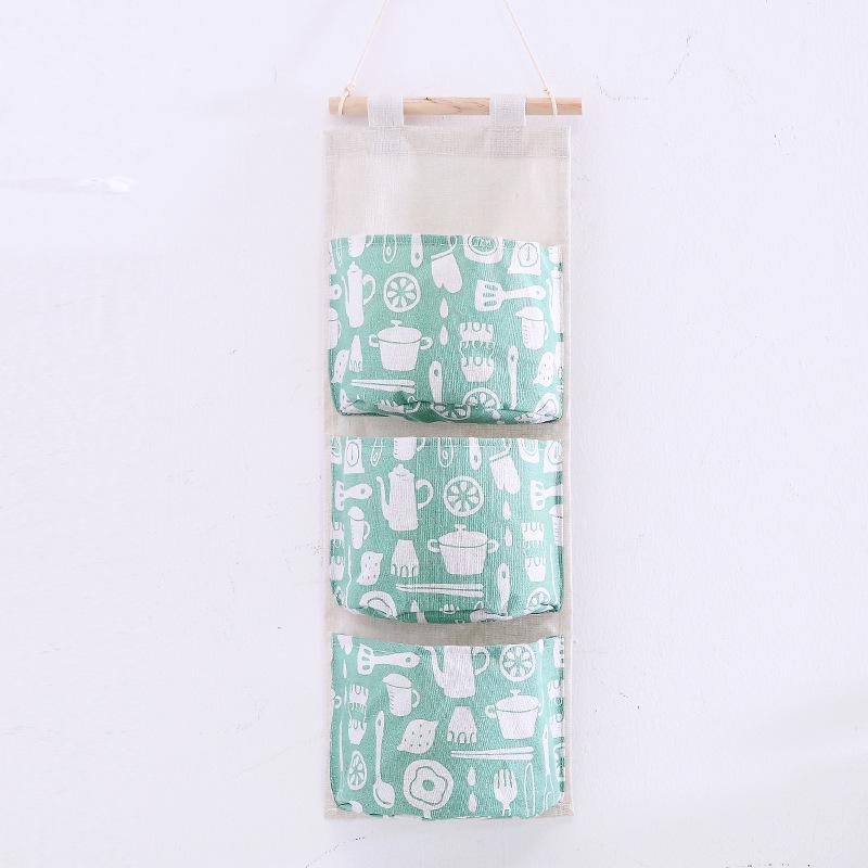 Grid Pattern Cotton Linen Three-Pocket Hanging Storage Bag
