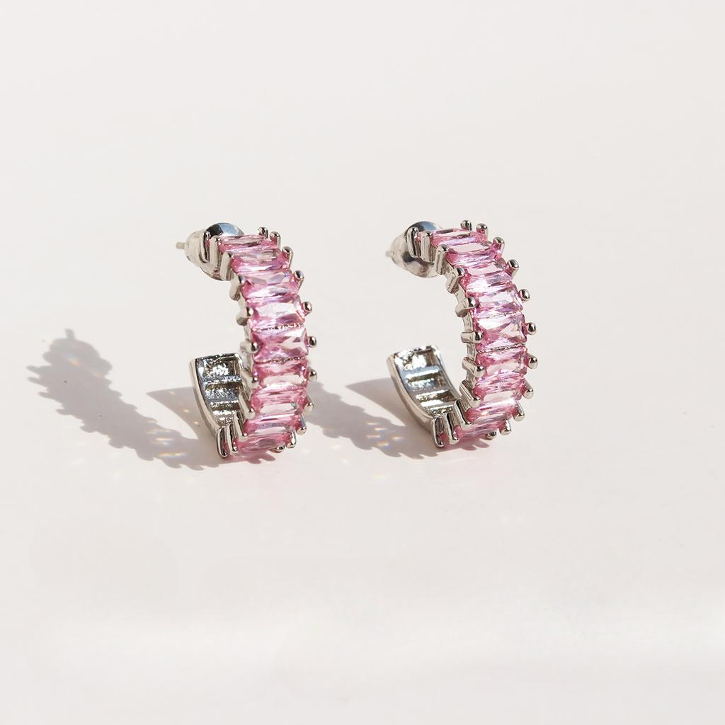 Серьги Summer Clear Pink Zircon C-образной формы Sweet Cool Wind Square Rock Sugar Diamond 327