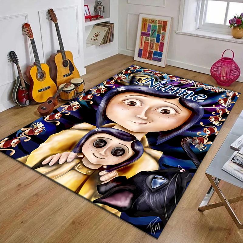 Custom Coraline Mat Personalized Name, Polyester Washable Indoor Entryway Rug, Gift for Christmas, Easter, Thanksgiving Day