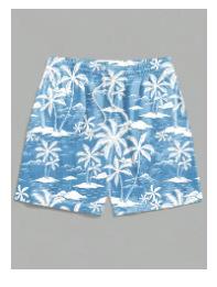 Summer 2025 3D-printed men's resort shorts with palm trees and exotic flowers