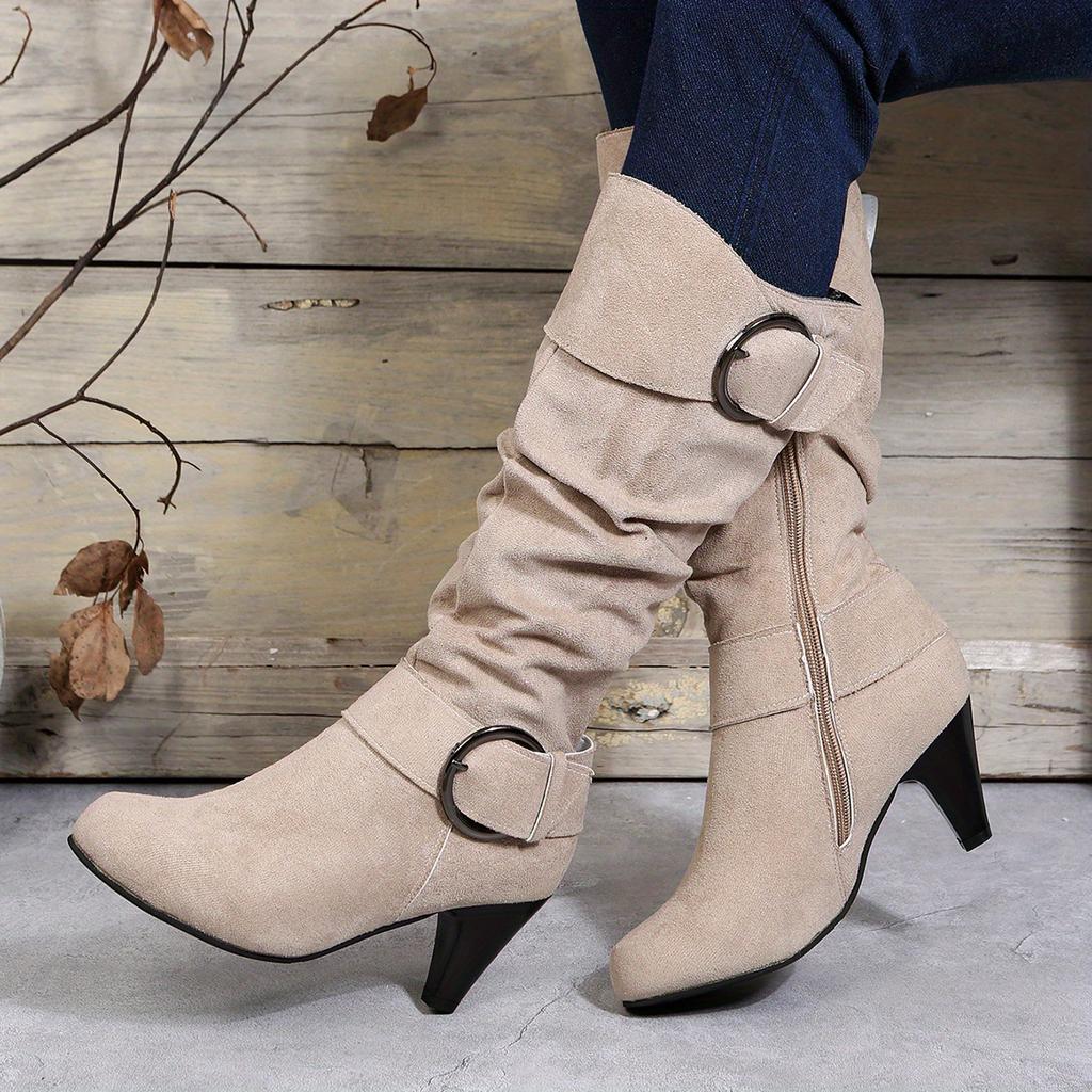 Women's Slouch Knee High Boots, Buckle Strap Side Zipper High Heeled Boots, Comfortable Suedette Long Boots