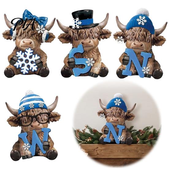 Creative Mavericks Sculpture 4Pcs Christmas Highland Cow Figurine, Winter Blue Yak Statues with Snowflakes Xmas Office Desk Accessory Hats, Farmhouse