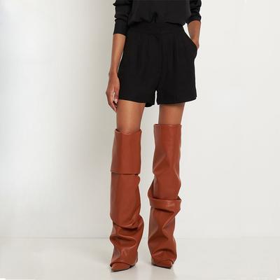 Модный бренд Плиссированный Ленивый стиль Черный Коричневый Выше колена Женские сапоги Высокий каблук Показ мод Длинные сапоги Размер 35-43 Сексуальная женская обувь